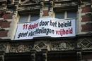 Banner in Amstrerdam after the deadly fire at Shipol detention centre.